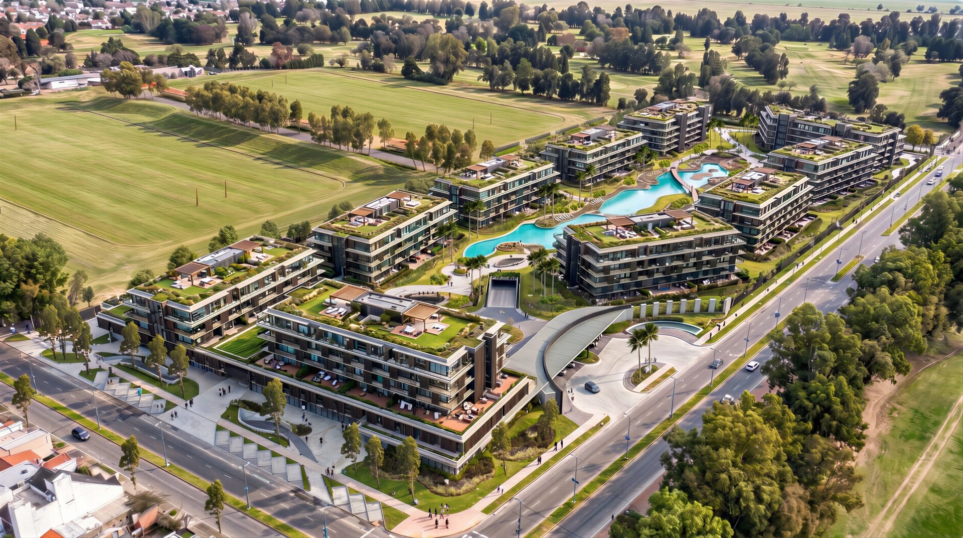 Vista aérea de Hurlingham Park, junto a las canchas del Hurlingham Club